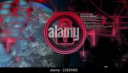 Image of data processing and globe over padlock on black background Stock Photo
