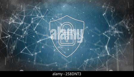 Image of shapes and padlock in shield over storm Stock Photo