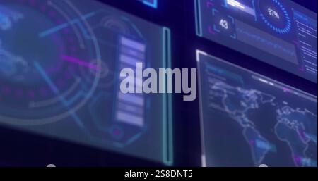 Digital interface with futuristic data processing image over various screens Stock Photo