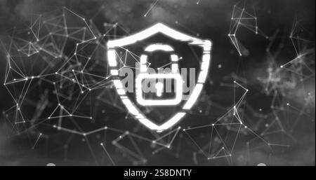Image of shapes and padlock in shield over storm Stock Photo