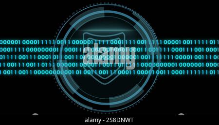 Image of data processing over shield icon and scope scanning Stock Photo
