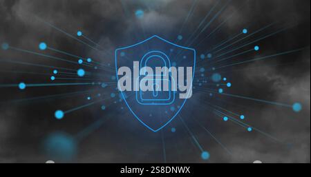 Image of spots and padlock in shield over storm Stock Photo