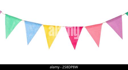 Festive garland of triangular multicolored flags isolated on a white background Stock Photo