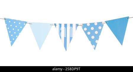 Festive garland of triangular paper blue flags isolated on a white background Stock Photo