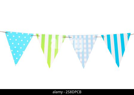 Festive garland of triangular paper blue flags isolated on a white background Stock Photo