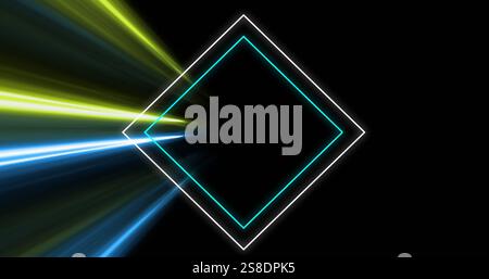 Image of light trails and neon pattern over black background Stock Photo