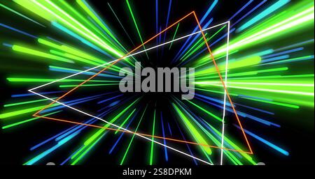 Image of neon pattern over light trails background Stock Photo