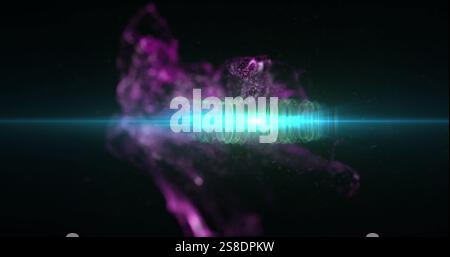 Image of purple particles mesh over light trails background Stock Photo