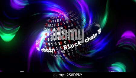 Image of globe with block chain binary coding over light trails background Stock Photo
