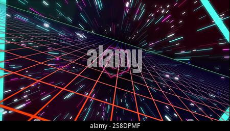 Image of neon pattern over light trails background Stock Photo