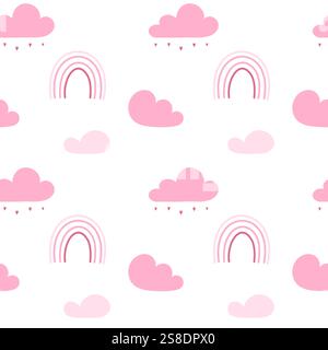 Sweet dreams and daydreams. Romantic pink rainbow and clouds with raindrops and hearts, simple place romantic pattern with clouds and rainbow. Cute co Stock Vector