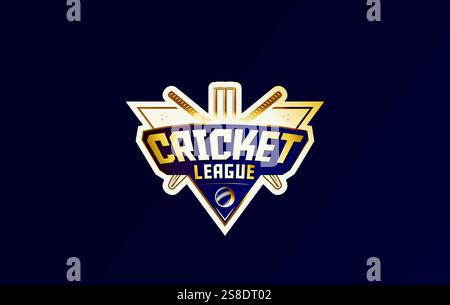 Cricket League logo with blue background and gold gradient color with wicket, bat and design elements Stock Vector