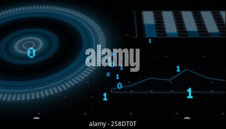 Image of binary data processing over circular scanner on black background Stock Photo