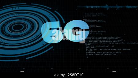 Image of 6g text over circular scanner and data processing on black interface Stock Photo