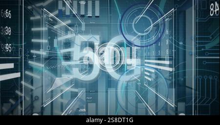 Image of 5g text and data processing on charts and scanners Stock Photo