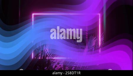 Image of neon shapes moving over tropical leaves on black background Stock Photo
