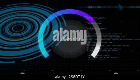 Image of digital speedometer over circular scanner and processing data on black interface Stock Photo