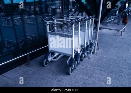 Luggage trolley at the airport terminal, empty space for advertising or public information, advertisement concept.  Stock Photo