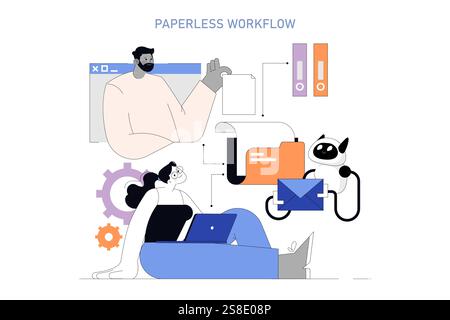 Paperless Workflow concept. Office workers integrating technology to manage documents. Seamless digital transformation with automation. Vector illustration. Stock Vector