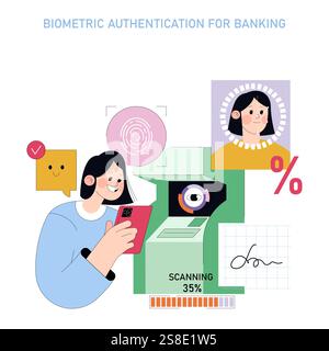Biometric authentication for banking concept. User engaging with advanced security features. Seamless digital verification, improved banking security methods. Vector illustration. Stock Vector