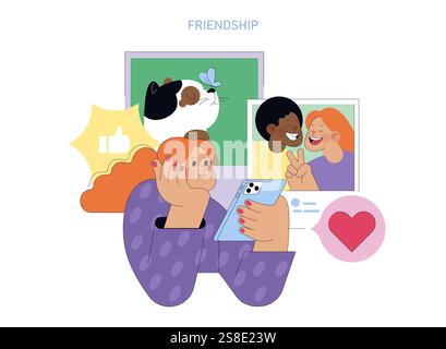 Human Values concept. Woman connecting with friends online, expressing love and companionship, showing the essence of friendship. Vector illustration. Stock Vector