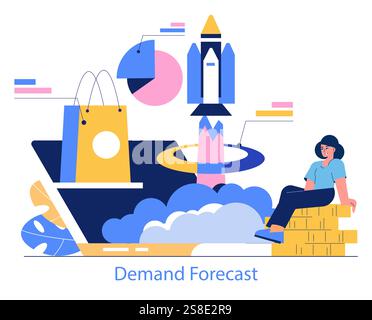Forecasting concept. Analysis of market trends and future demand visualization. Woman with laptop, rocket, pie chart, and shopping bag. Vector illustration. Stock Vector