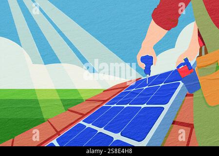 A worker is installing solar panels on a rooftop, utilizing sunlight to harness clean energy. This activity promotes sustainable practices in renewabl Stock Photo