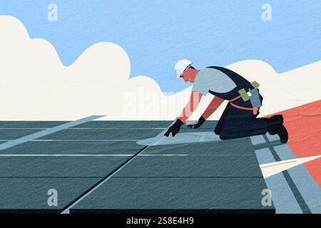 A technician is securely installing solar panels on a rooftop under a clear blue sky. The focus is on renewable energy solutions for a sustainable fut Stock Photo
