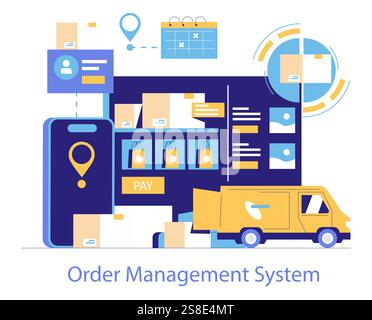 Logistics Automation concept. Streamlined order management system for enhanced delivery efficiency. Digital tracking, inventory control, and seamless payment integration. Vector illustration. Stock Vector