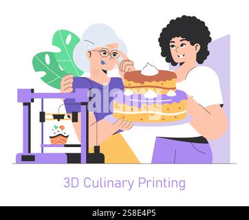 Innovative food printing concept. Two people celebrate with a 3D-printed cake, blending technology and culinary arts. 3D printer and creativity in food design. Vector illustration. Stock Vector