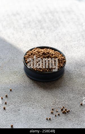 A black bowl filled with coriander seeds rests on a textured concrete surface Stock Photo