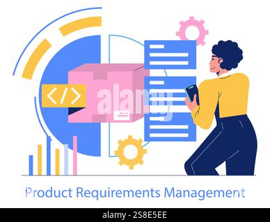 Product Requirements Management concept. A professional organizes digital project specifications. Workflow efficiency, coding elements, and data analytics. Vector illustration. Stock Vector