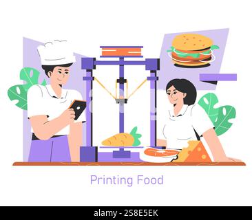 Food Printing concept. Chef and customer watching a 3D printer creating a burger. Innovative cooking technology in a modern kitchen. Vector illustration. Stock Vector