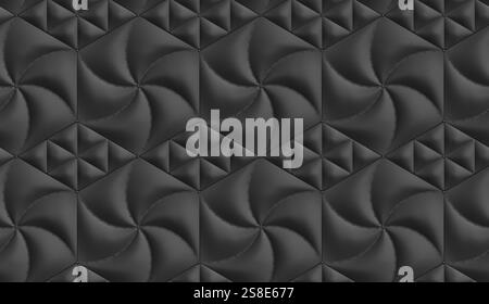 Modern black 3D wallpaper with textured leather hexagonal and rhombus-shaped soft panels, creating a bold, stylish, and sophisticated design for walls Stock Photo