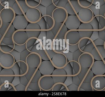Elegant black 3D seamless pattern featuring interlocking brown ribbon-like shapes, creating a sophisticated and futuristic geometric design for backgr Stock Photo