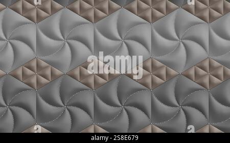 Unique 3D wallpaper featuring alternating gray and brown leather-textured hexagonal and rhombus-shaped panels, blending modern luxury with a geometric Stock Photo