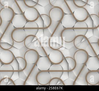 White 3D seamless wallpaper design with interwoven brown ribbon-like forms, presenting a modern and futuristic pattern ideal for elegant and minimalis Stock Photo