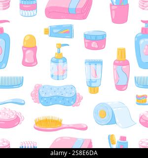 Pattern with hygiene objects. Washing, beauty, body care. Personal hygiene and self care items. Stock Vector