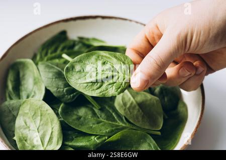 A close-up of fresh green spinach leaves in a bowl, highlighting their vibrant color and natural texture, perfect for healthy cooking and salad prepar Stock Photo
