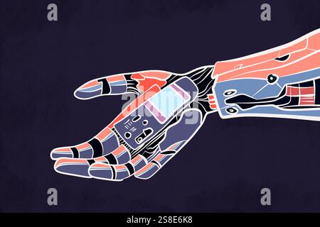Graphic illustration of a futuristic robotic hand extended forward The design showcases detailed circuitry and mechanical elements, set against a dark Stock Photo