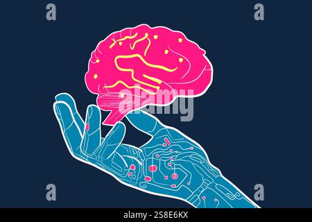 A vibrant illustration depicting a robotic hand holding a human brain, symbolizing the synergy between technology and human intelligence The colorful Stock Photo