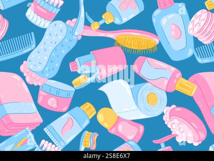Pattern with hygiene objects. Washing, beauty, body care. Personal hygiene and self care items. Stock Vector