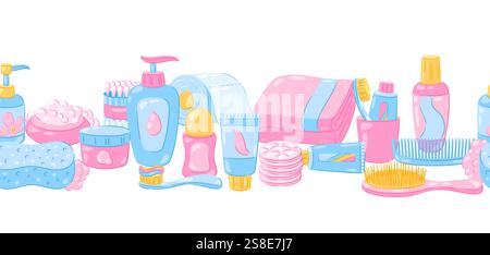 Pattern with hygiene objects. Washing, beauty, body care. Personal hygiene and self care items. Stock Vector