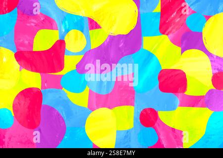 This illustration showcases a vibrant, colorful abstract design with overlapping shapes in bright hues like pink, yellow, blue, and purple, creating a Stock Photo