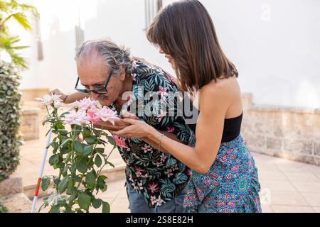 A blind elder man, using a white cane, assisted by his young daughter, enjoys the scent of pink roses outdoors. Stock Photo