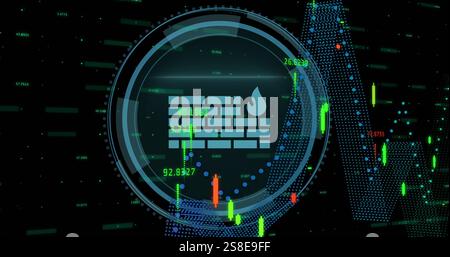 Image of fire wall icon and data processing over black background Stock Photo