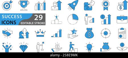 Success icon set. Successful business development, plan and process symbol. Icons vector collection. Stock Vector