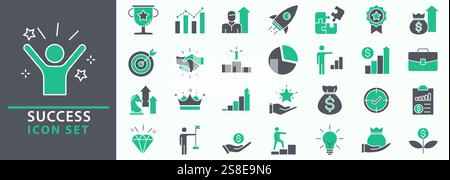 Success icon set. Successful business development, plan and process symbol. Icons vector collection. Stock Vector