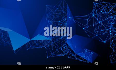 This composition features an intricate design of blue geometric shapes connected by glowing lines, representing a blend of technology and abstract art Stock Photo