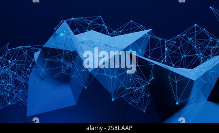 This composition features an intricate design of blue geometric shapes connected by glowing lines, representing a blend of technology and abstract art Stock Photo